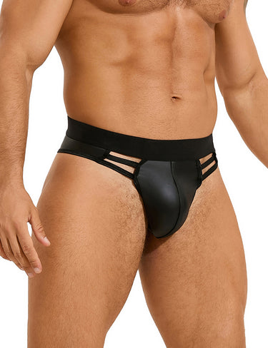 Close-up view of the Black Sexy PU Leather Hollow Out Men Underwear highlighting premium PU leather and unique hollow-out details for breathability and allure.